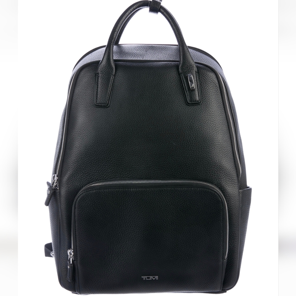 NWOT Tumi Stanton Indra Commuter Black Leather Backpack & Silvertone Hardware